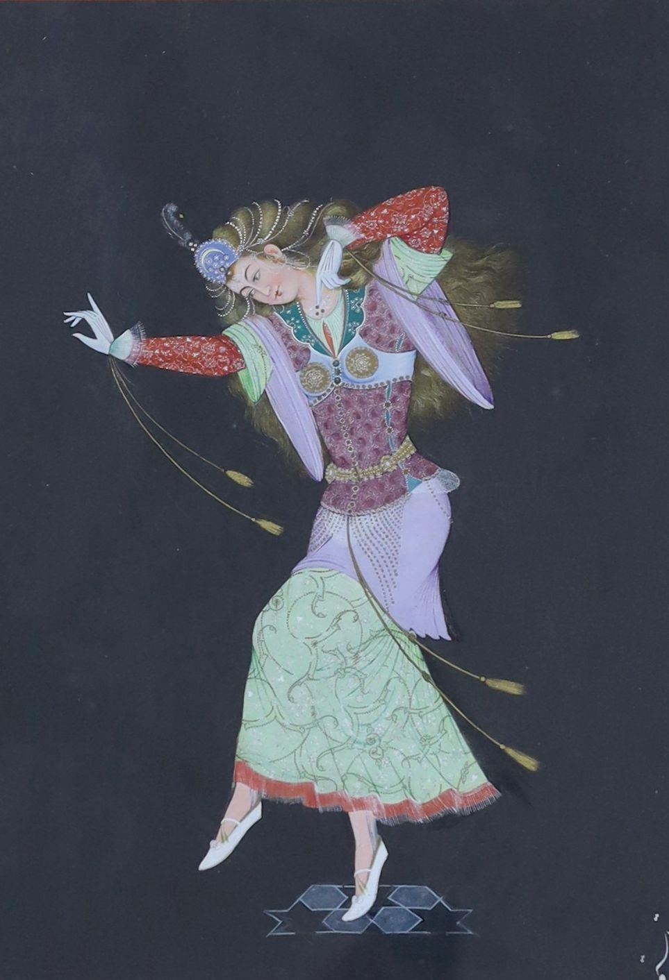 Persian School, gouache on black paper, Study of a dancing girl, signed, 24 x 17cm